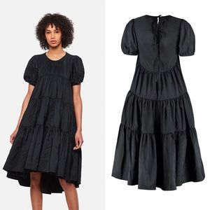 Cecilie Bahnsen Esme Black Tiered Layered Puff Sleeve Midi Length Dress US 6